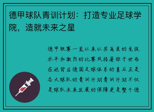 德甲球队青训计划：打造专业足球学院，造就未来之星