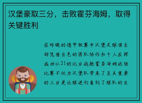 汉堡豪取三分，击败霍芬海姆，取得关键胜利